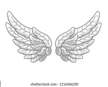 A pair of angel wings with grey and white feathers, wide spread. Contour drawing in modern line style with volume. Vector illustration isolated on white. 