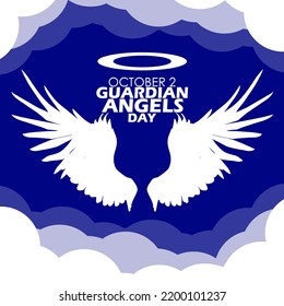 Pair of angel wings with holy ring and clouds with bold text on blue background, Guardian Angels Day on October 2