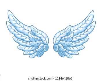 A pair of angel wings with sky blue feathers, wide spread. Contour drawing in modern line style with volume. Vector illustration isolated on white. 