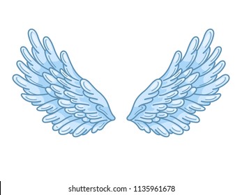 A pair of angel wings with sky blue feathers, wide spread. Contour drawing in modern line style with volume. Vector illustration isolated on white. 