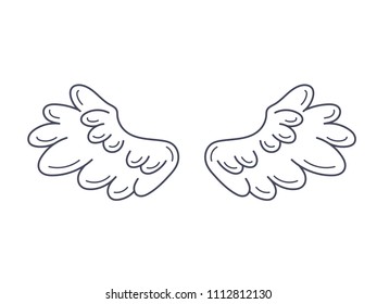 A pair of angel wings, wide open. Contour drawing in modern flat line style. Vector illustration, monochrome, isolated on white. 