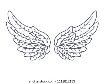 A pair of angel wings, wide open. Contour drawing in modern flat line style. Vector illustration, monochrome, isolated on white. 