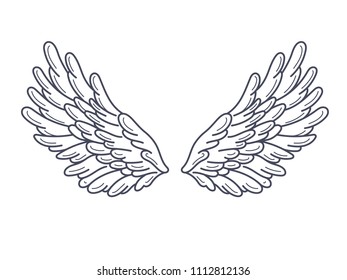 A pair of angel wings, wide open. Contour drawing in modern flat line style. Vector illustration, monochrome, isolated on white. 