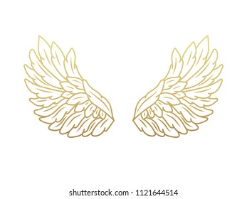 A pair of angel wings, wide open with golden metallic effect. Contour drawing in modern flat line style. Vector illustration, isolated on white. 