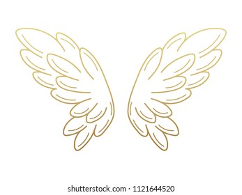 A pair of angel wings, wide open with golden metallic effect. Contour drawing in modern flat line style. Vector illustration, isolated on white. 