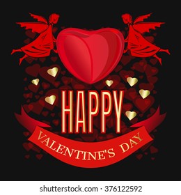 Pair of angels are holding big red heart. Happy Valentine's Day. Greeting inscription on the background of red hearts. Greeting card for Valentines Day.