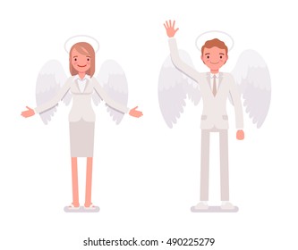 Pair of angels, man and woman isolated against white background. Cartoon vector flat-style illustration