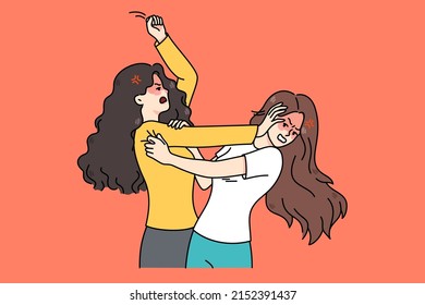 Pair Of Angry Young Women Fight And Quarrel. Mad Teenage Girls Fighting Pulling Hair. Female Conflict And Problem Solving With Fists. Flat Vector Illustration. 