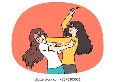 Pair of angry young women fight and quarrel. Mad teenage girls fighting pulling hair. Female conflict and problem solving with fists. Flat vector illustration.