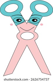A pair of anthropomorphic scissors with smiling face and blue handles, designed in flat cartoon style. Ideal for school materials, children’s projects, or educational content.