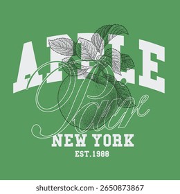 emparelhe o texto do slogan da tipografia de Nova York da Apple. Vintage maçã Gráficos na arte de linha de ponto.