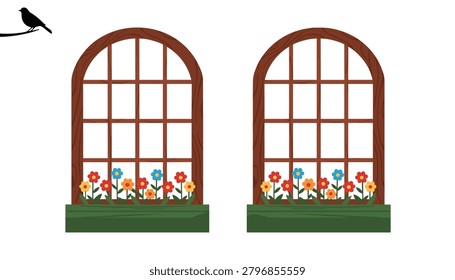 Pair of arched wooden windows with flower boxes filled with colorful blooms and a black bird perched on a branch for architectural and nature design.