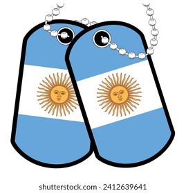 A pair of Argentinian; military dog tags with chain over a white background showing the Argentina national flag