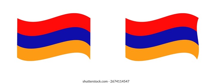 Paar armenische Fahnen mit roter, blauer, orangefarbener Trikolore, die einzeln auf weißem Hintergrund winken.