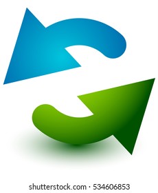 Pair of arrows in circle. Circular arrows. Recycling, loop or cycle icon, symbol in green and blue colors