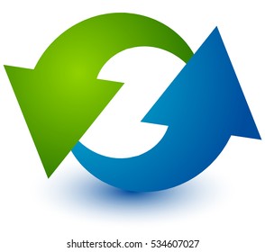 Pair of arrows in circle. Circular arrows. Recycling, loop or cycle icon, symbol in green and blue colors