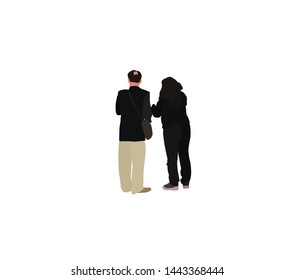 a pair of Asians in demi-season clothing in a view from the back