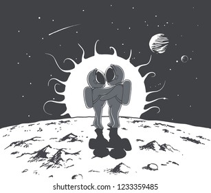 pair of astronauts looks at each other against the background of a nearby star.Cosmic love. Space romantic illustration