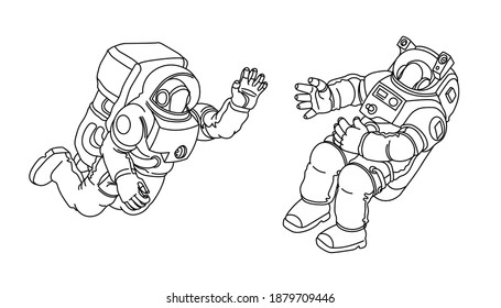 a pair of astronauts in spacesuits floating in zero gravity, meeting in outer space, vector illustration with black contour lines isolated on a white background in a hand drawn and cartoon style