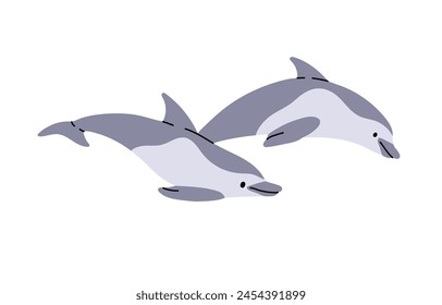 Pair of Atlantic bottlenose dolphins. Cute underwater animals with fins move, swimming and jump from water. Sea wildlife, sealife, ocean fauna. Flat isolated vector illustration on white background