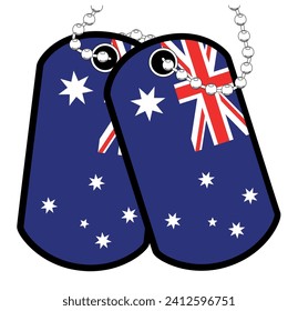 A pair of Australian military dog tags with chain over a white background showing the Australia national flag