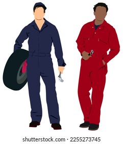 Pair of auto mechanic with tools in hand.