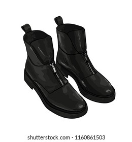 A pair of autumn boots in black isolated on white background.
 Hand drawn vector illustration.
