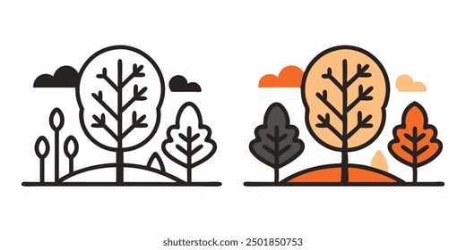 Pair of autumn scene icons featuring trees with fall foliage in orange and brown tones. Perfect for seasonal designs, nature illustrations, and autumn-themed projects