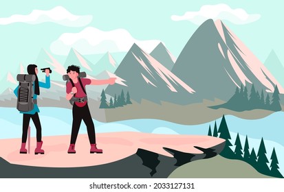 Paar Rucksacktouristen, Wanderer, Reisende oder Entdecker, die stehen und die Natur betrachten. Wandern, Ruckpacken, Abenteuertourismus und Reisen, Entdecken neuer Horizonte. Flache Kunstvektorgrafik.