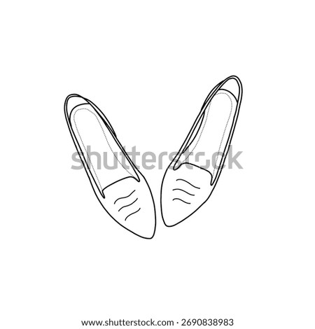 Pair of ballet flat shoes, stylish, featuring a classic design. Top view. Line drawing sketch, isolated on a white background.
