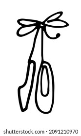 a pair of ballet shoes on a ribbon icon. Isolated children's ballet shoes, pointe shoes tied with a bow, hand-drawn in the style of doodles with a black outline for a design template