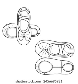 Par de zapatillas de ballet con Ilustración vectorial de cinta. Esbozo de dibujo lineal, Vector aislado sobre fondo blanco.