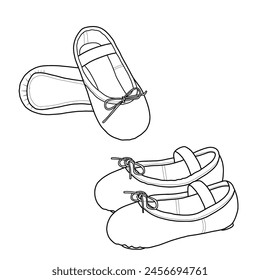 Pair of ballet shoes with rope ribbon vector illustration. Line drawing sketch, isolated vector on a white background.