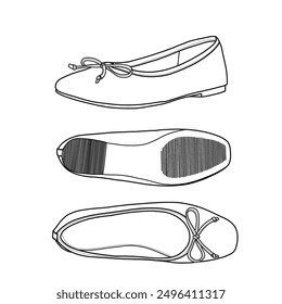 Pair of ballet shoes round-toe stylish with a bow vector illustration. Line drawing sketch, isolated vector on a white background.