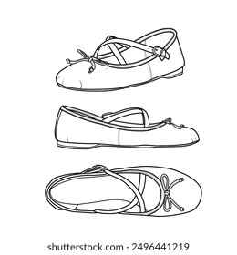 Par de zapatillas de ballet de punta redonda con estilo con accesorios de lazo y correa en la parte superior. Ilustración vectorial. Boceto de dibujo de línea, Vector aislado sobre un fondo blanco.