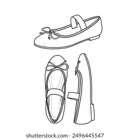 Pair of ballet shoes round-toe stylish with bow accessories and strap-on top. Mary Jane flats. Vector illustration. Line drawing sketch, isolated vector on a white background.