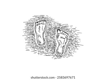 Pair of bare footprints on sand hand-drawn cartoon sketch doodle vector.