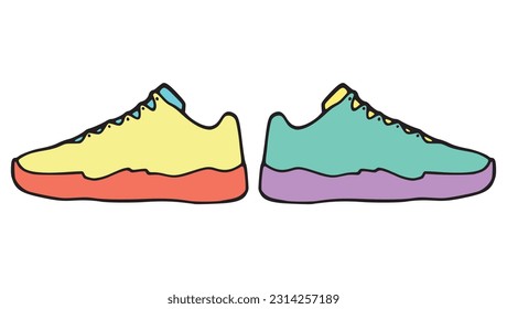 A pair of basketball shoes colored and designed in funky way. Hand drawn retro sneakers outline with fill illustration. Original foot clothes and kicks ready for training, pen drawing decoration.