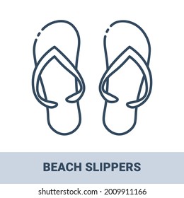 Pair of beach flip-flops outline monochrome icon with title. Concept of travel, summer vacation and rest. Vector monochrome illustrations isolated on white background.