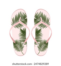 A pair of beach shoes with tropical leaves print on a white background.Vector illustration of pink flip flops for summer,resort designs.