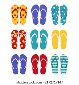 Pair of beach slippers. Collection of fashion flip flops. Flat vector illustration