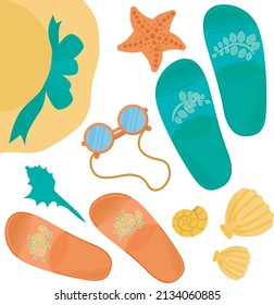 Pair of beach slippers. Beach shoes, hat, sunglasses and seashells. A set of sea items. Vector illustration.