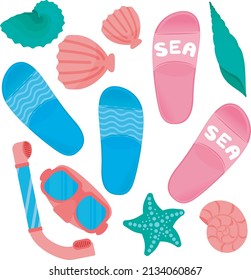 Pair of beach slippers . Beach shoes, snorkeling mask, seashells. A set of marine items. Vector illustration. Vector illustration.