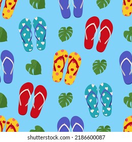 Pair of beach slippers. Summer flip flops seamless pattern. Flat vector illustration