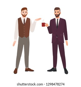 Pair of bearded men dressed in business clothes or male office workers talking and drinking coffee. Dialog between colleagues, professional conversation at work. Flat cartoon vector illustration.