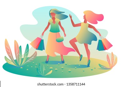 A pair of beautiful bright girls with full bags and packages met on the spring lawn after the sale. Template, flat design, colorful gradients, vector illustration
