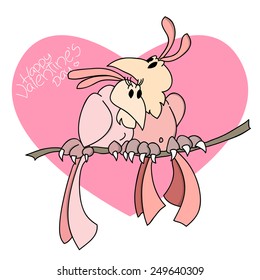 A pair of beautiful cartoon pink birds in love sitting on a pole with a big pink heart backdrop. Wedding or Valentine's day romantic illustration.