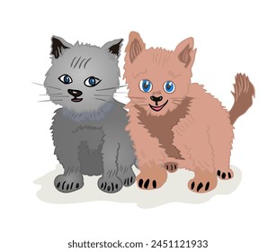 Pair of beautiful kittens isolated on white background. Vector illustration.