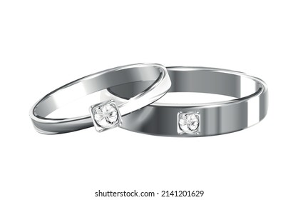 Pair of beautiful silver wedding rings with diamonds in realistic style vector illustration