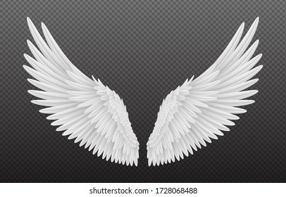 Pair of beautiful white angel wings isolated on transparent background, realistic vector illustration. Spirituality and freedom concept